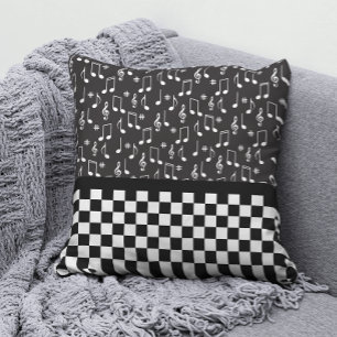 Music and Checkerboard Black and White Throw Pillow