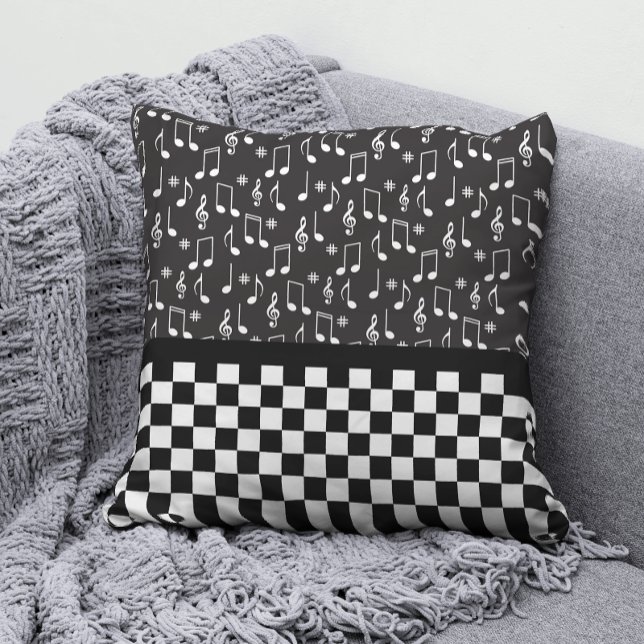 Music and Checkerboard Black and White Throw Pillow (Creator Uploaded)