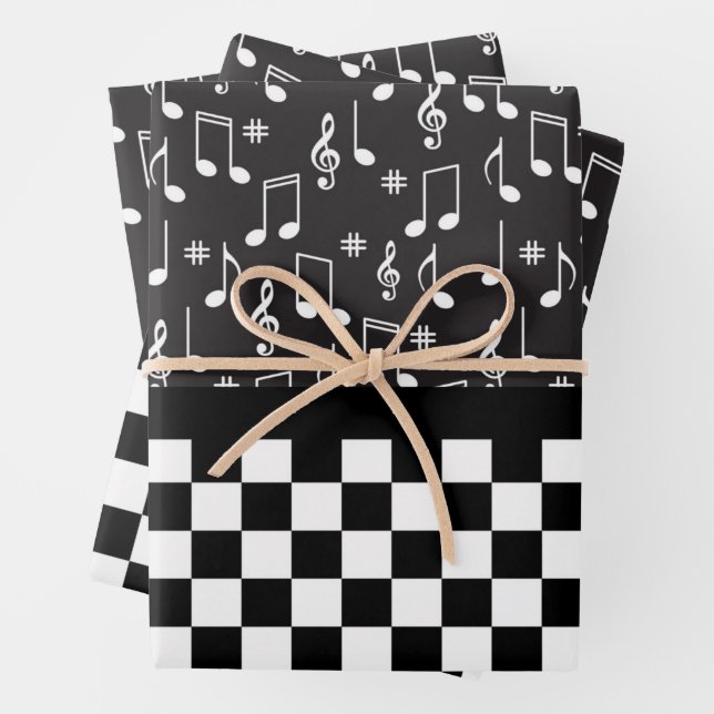 Music and Checkerboard Black and White  Wrapping Paper Sheets (In situ)