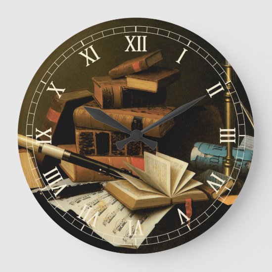 Music and Literature by William Harnett, Fine Art Large Clock