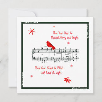 Music and Red Cardinal Bird Christmas Card