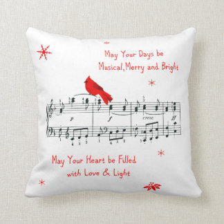Music and Red Cardinal Bird Christmas Pillow