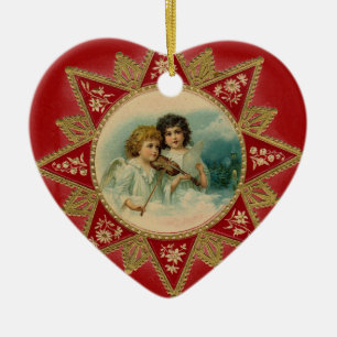 MUSIC ANGELS IN  RED HEART CERAMIC ORNAMENT