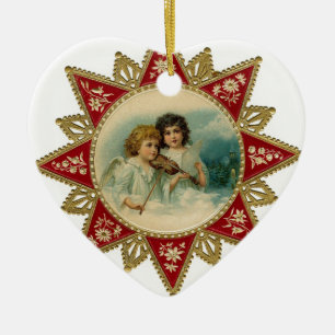 MUSIC ANGELS IN WHITE HEART CERAMIC ORNAMENT