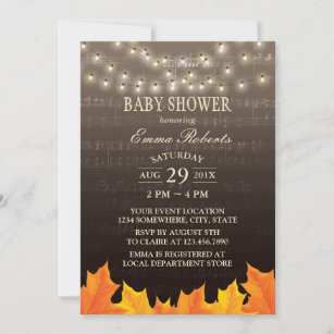 Music Baby Shower Autumn Leaves String Lights Invitation