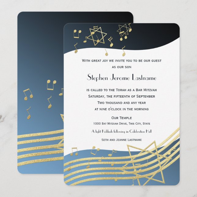 Music Bar Mitzvah Blue and Gold Invitation (Front/Back)