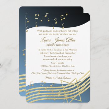 Music Bar Mitzvah Blue And Gold Invitation by InBeTeen at Zazzle
