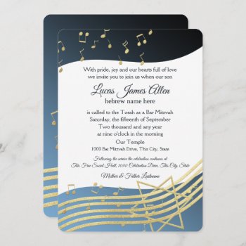Music Bar Mitzvah Blue And Gold Invitation by InBeTeen at Zazzle