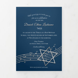 Music Bar Mitzvah Silver Star of David Tri-Fold Card