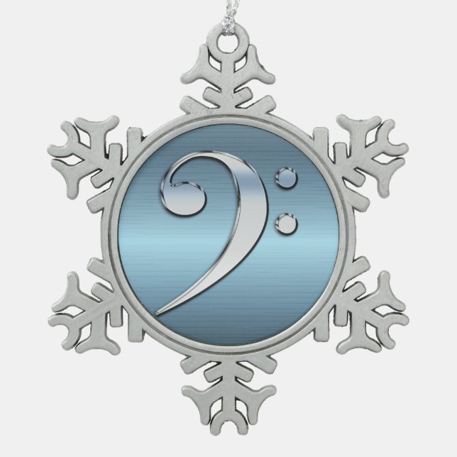 Music Bass Clef On Steel Metallic Snowflake Snowflake Pewter Christmas Ornament (Front)