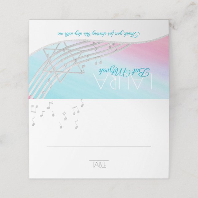 Music Bat Mitzvah Silver Music Notes Seating Card (Outside Unfolded)