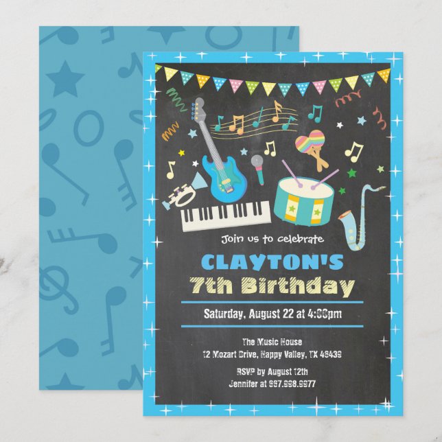 Music birthday invitation chalkboard blue boy (Front/Back)