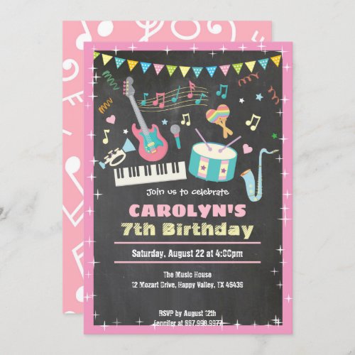 Music birthday invitation pink chalkboard girl