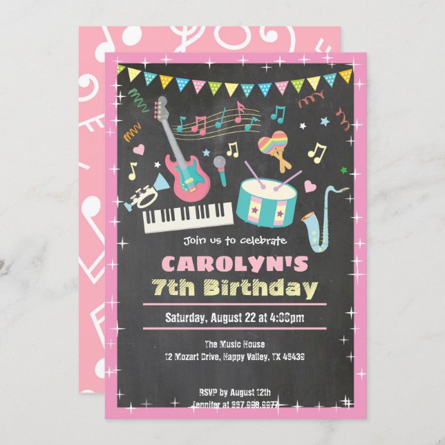 Music birthday invitation pink chalkboard girl (Front/Back)