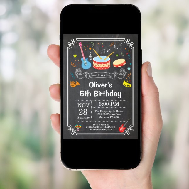 Music Birthday Party Invitation Chalkboard (Front Digital)