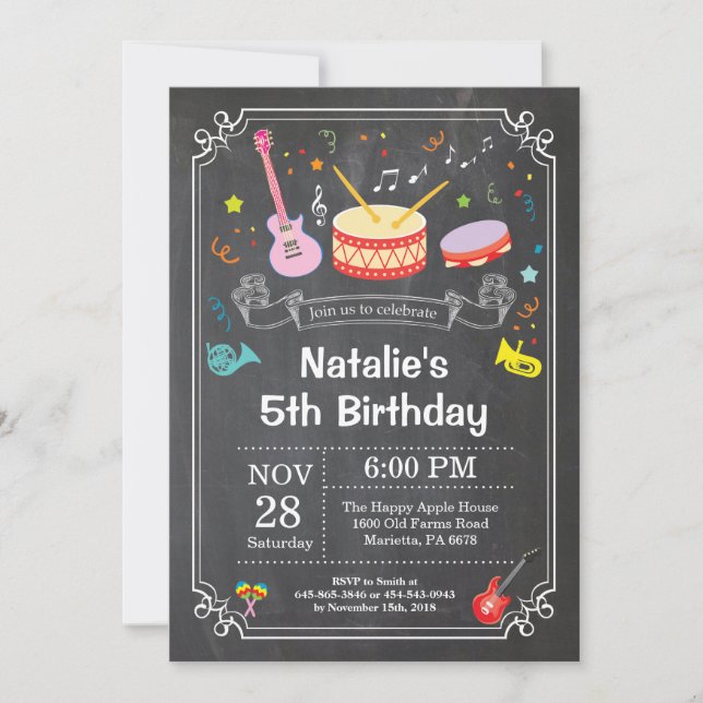Music Birthday Party Invitation Chalkboard (Front)