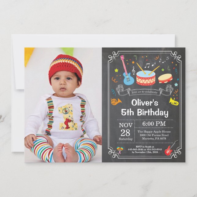 Music Birthday Party Invitation Chalkboard Photo (Front)