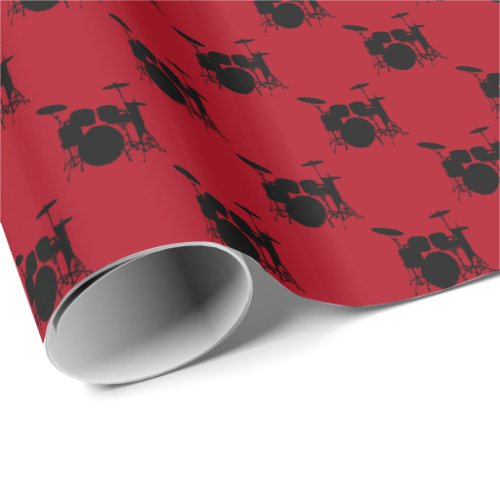 Music Black Drum Set on Dark Red Wrapping Paper