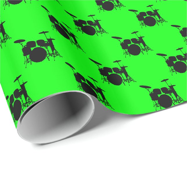 Music Black Drum Set on Lime Green Wrapping Paper (Roll Corner)