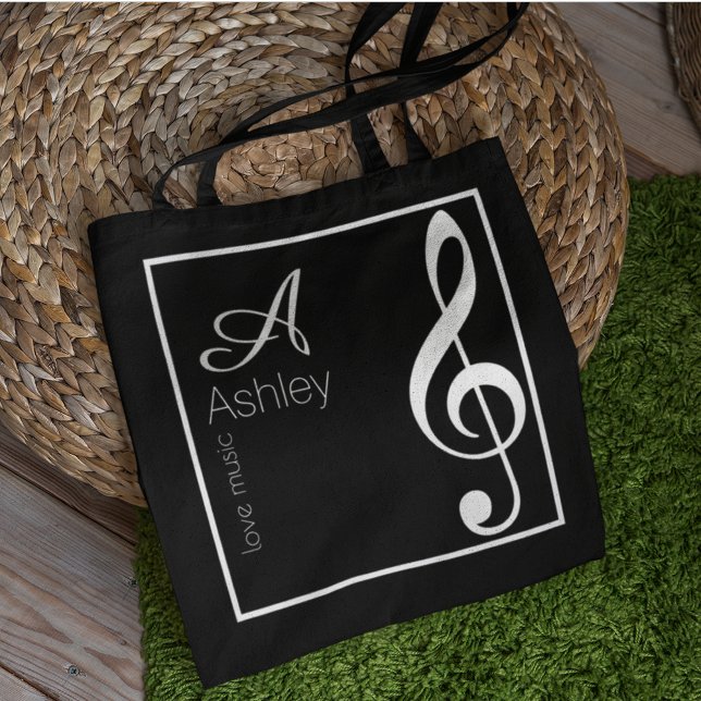 Music Black Tote Bag Stylish Monogram (love music)