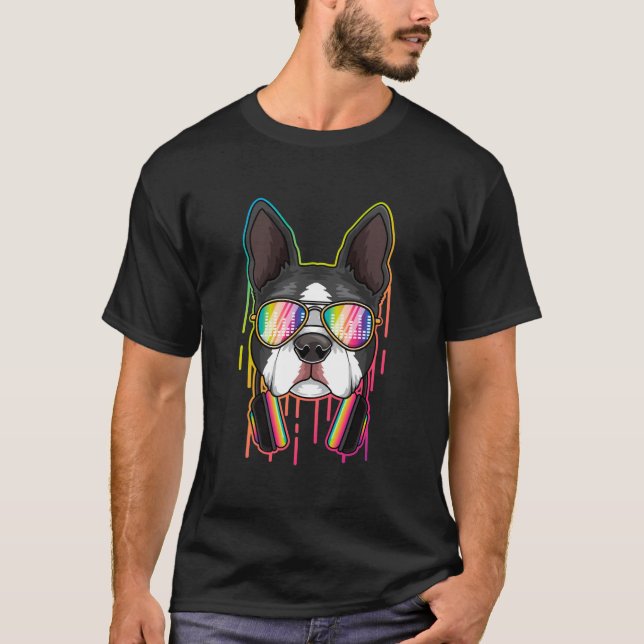 Music Boston Terrier Dj With Headphones Musical Do T-Shirt (Front)