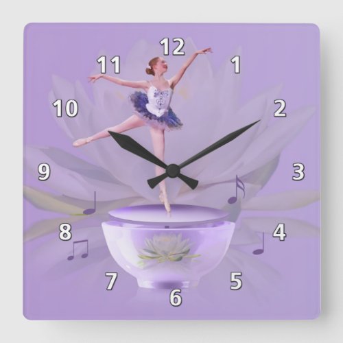Music Box Ballerina with Water Lily Square Wall Clock