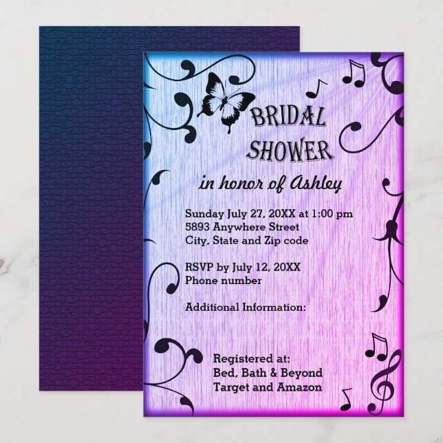 Music, Butterfly, Leaves Blue Purple Bridal Shower Invitation (Front/Back)