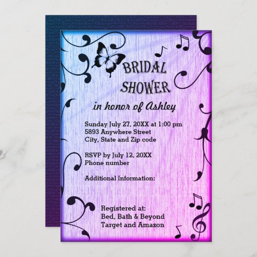 Music Butterfly Leaves Blue Purple Bridal Shower Invitation