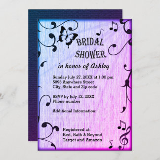 Music Butterfly Leaves Blue & Purple Wood Wedding Invitation