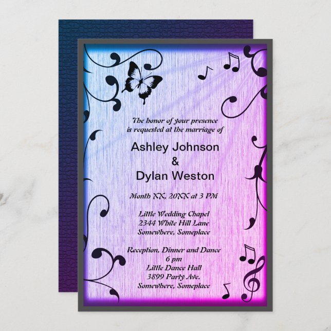 Music Butterfly Leaves Blue & Purple Wood Wedding Invitation (Front/Back)