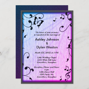 Music Butterfly Leaves Blue & Purple Wood Wedding Invitation