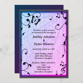 Music Butterfly Leaves Blue & Purple Wood Wedding Invitation