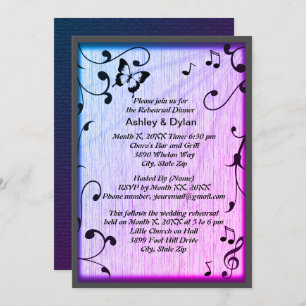 Music Butterfly Leaves Blue & Purple Wood Wedding Invitation