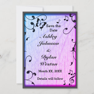 Music Butterfly Leaves Blue & Purple Wood Wedding Save The Date
