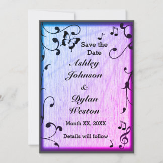 Music Butterfly Leaves Blue & Purple Wood Wedding Save The Date