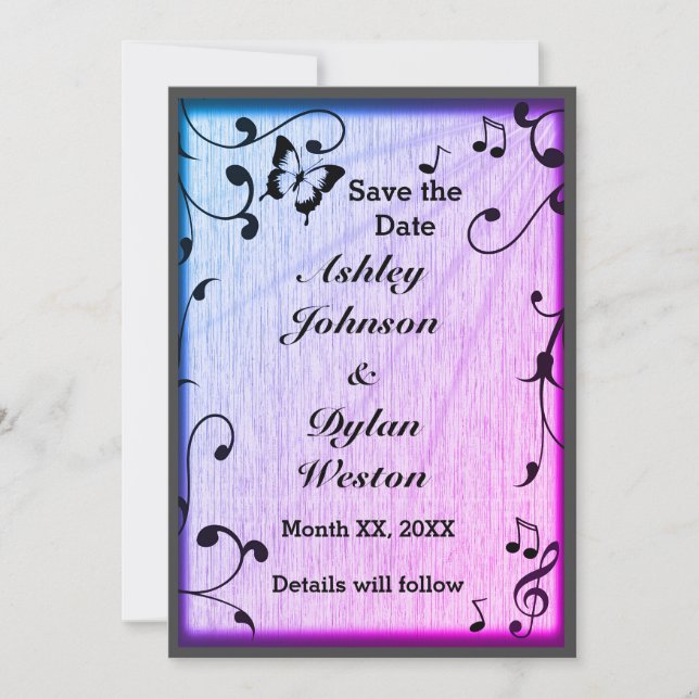 Music Butterfly Leaves Blue & Purple Wood Wedding Save The Date (Front)