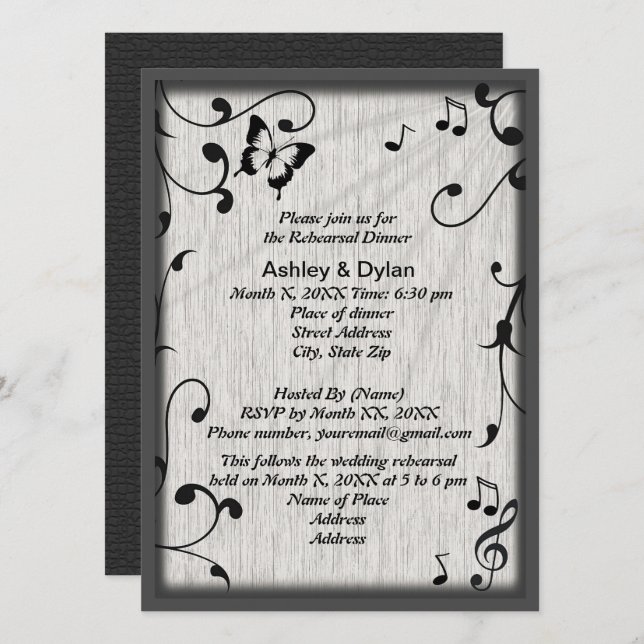 Music Butterfly Leaves Gray Black Rehearsal Dinner Invitation (Front/Back)