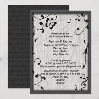 Music Butterfly Leaves Gray Black Rehearsal Dinner Invitation