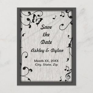 Music Butterfly Leaves Gray & Black Wood Wedding Announcement Postcard