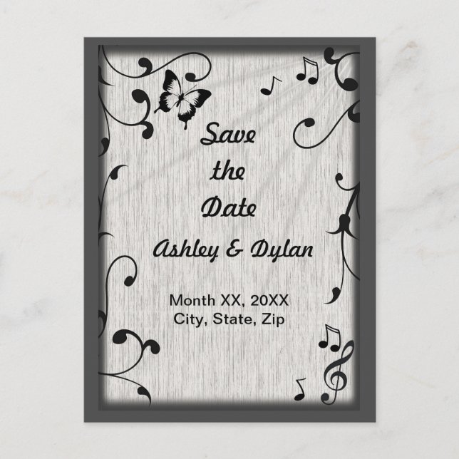 Music Butterfly Leaves Gray & Black Wood Wedding Announcement Postcard (Front)