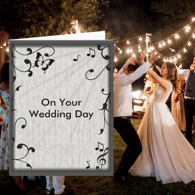 Music Butterfly Leaves Gray & Black Wood Wedding Card (Music Butterfly Leaves Gray & Black Wood Wedding Card)