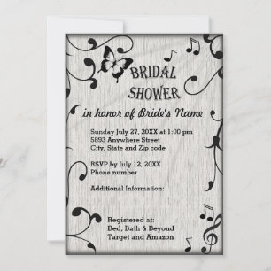 Music Butterfly Leaves Gray & Black Wood Wedding Invitation