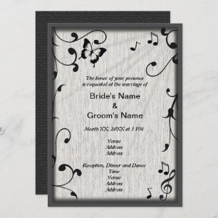 Music Butterfly Leaves Gray & Black Wood Wedding Invitation