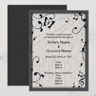 Music Butterfly Leaves Gray & Black Wood Wedding Invitation