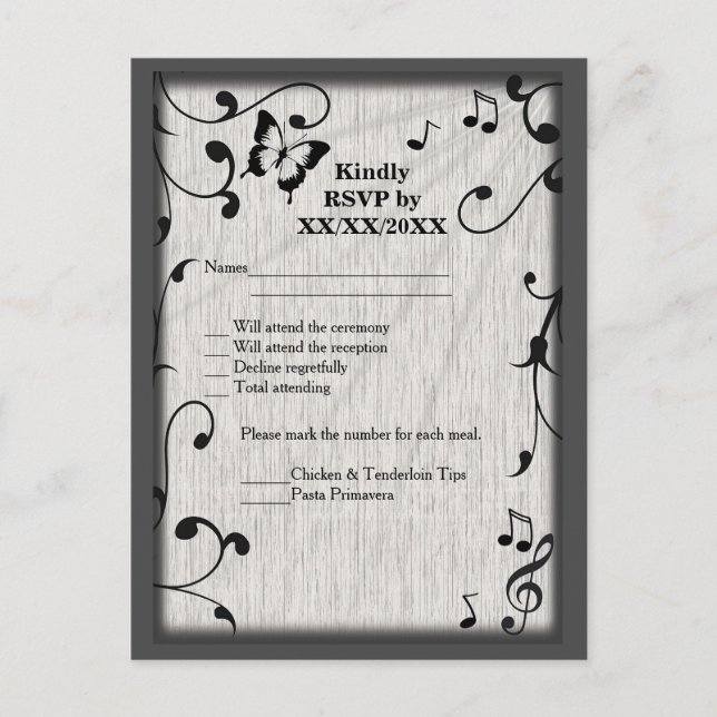 Music Butterfly Leaves Gray & Black Wood Wedding Invitation Postcard (Front)