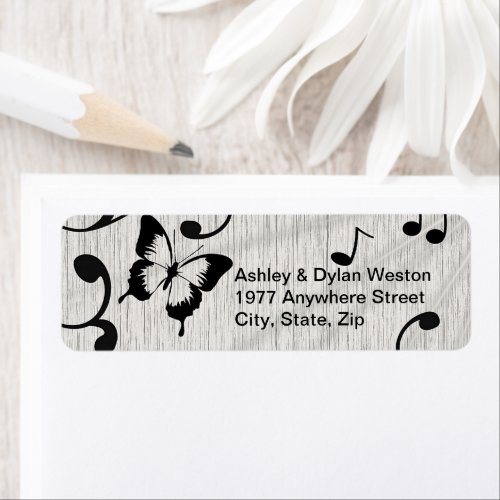 Music Butterfly Leaves Gray  Black Wood Wedding Label