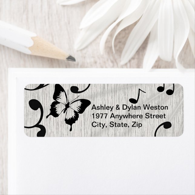 Music Butterfly Leaves Gray & Black Wood Wedding Label (Insitu)