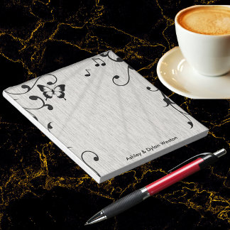 Music Butterfly Leaves Gray & Black Wood Wedding Notepad