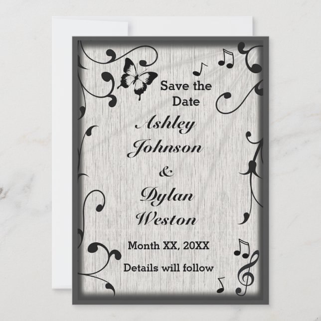 Music Butterfly Leaves Gray & Black Wood Wedding Save The Date (Front)
