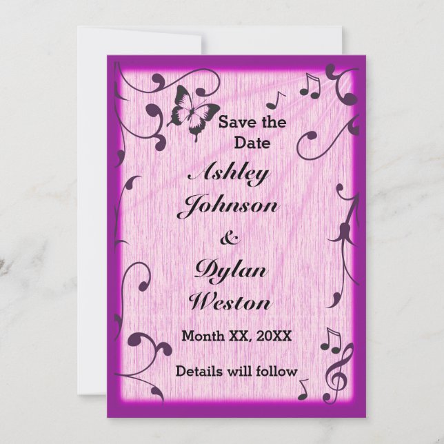 Music Butterfly Leaves Pink Purple Wood Wedding Save The Date (Front)